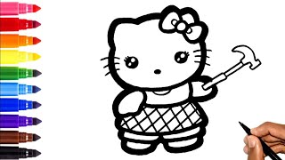 Hello Kitty with Hammer Drawing and Coloring for Kids Toddlers | How to Draw a Hello Kitty for Kids