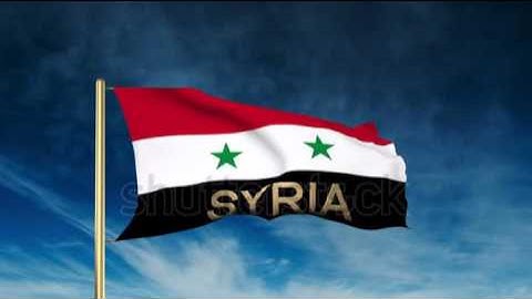 Syria flag slider style with title. Waving in the wind with cloud background animation Stock video