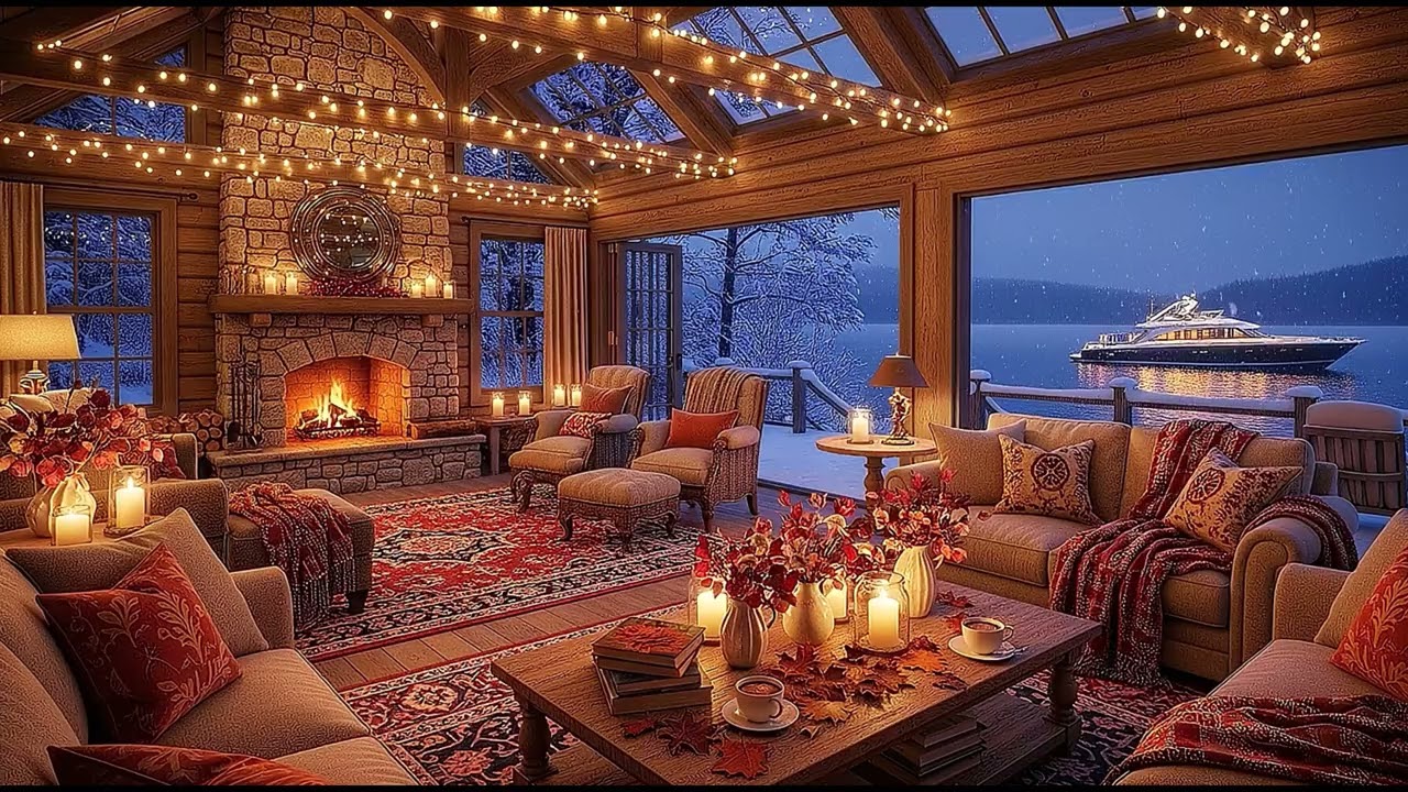 Relaxing Soft Jazz & Fireplace Sounds | Beautiful Cozy Winter Cabin by the Lake [4K] 
