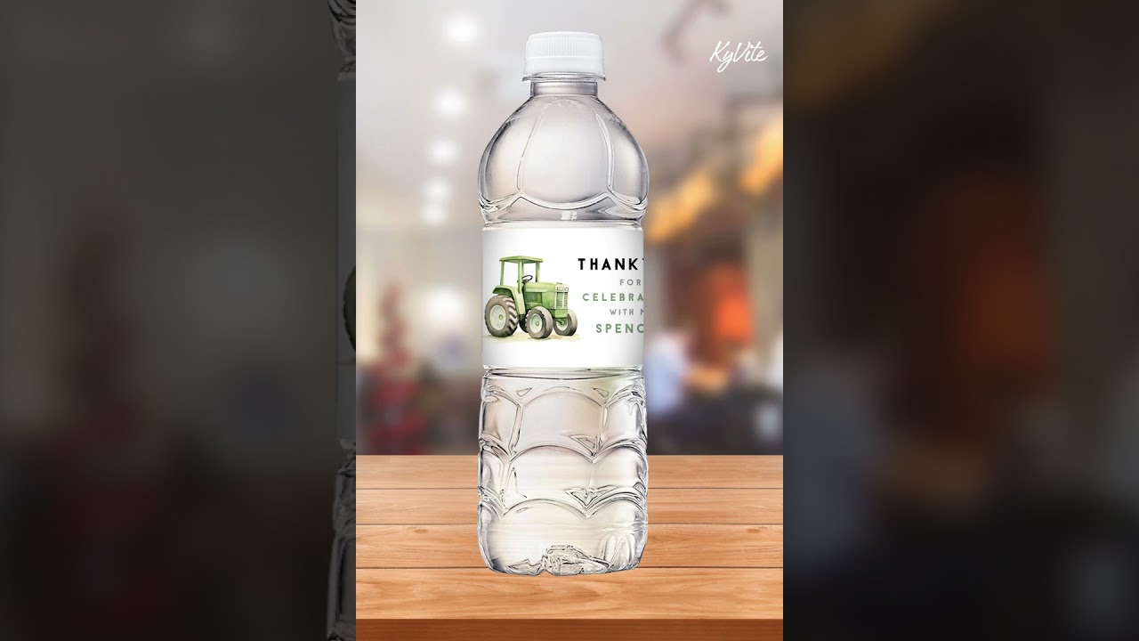 Editable Watercolored Green Tractor Birthday Water Bottle Label, Minimalist Tractor Water Bottle