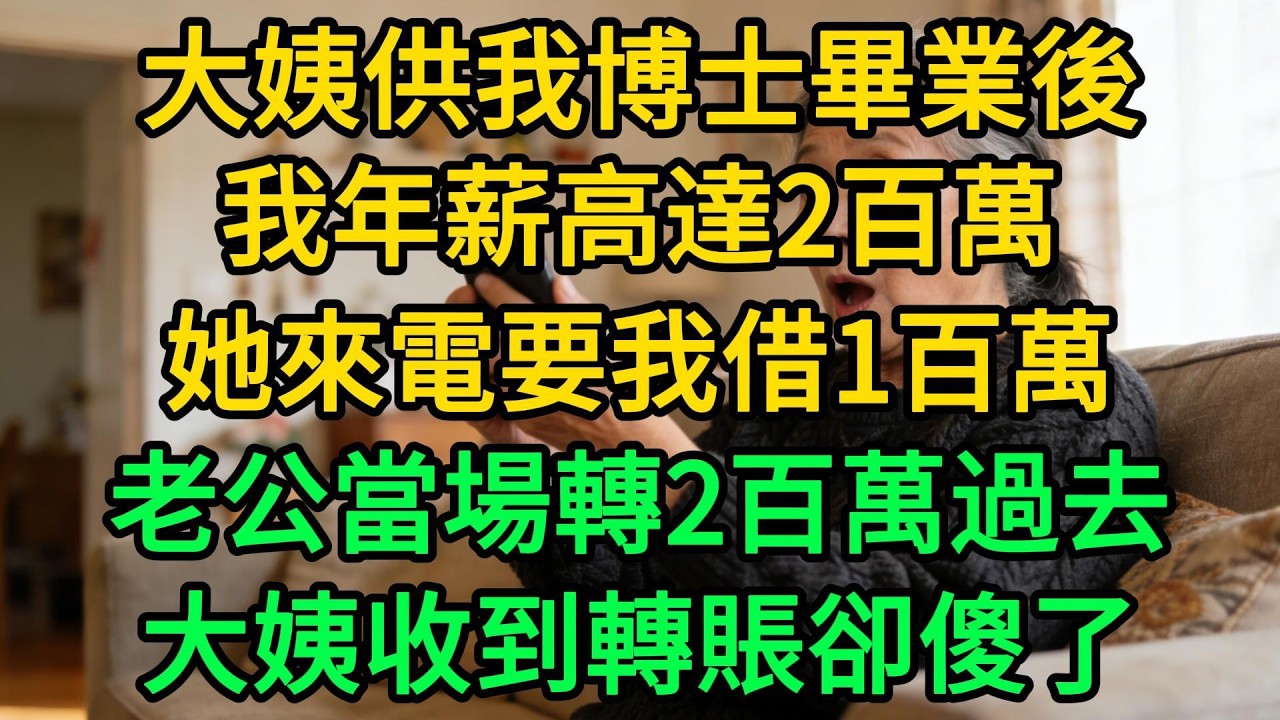大姨供我博士畢業後，我年薪高達2百萬，她來電要我借1百萬，老公當場轉2百萬過去，大姨收到轉賬卻傻了| 柳梦微语