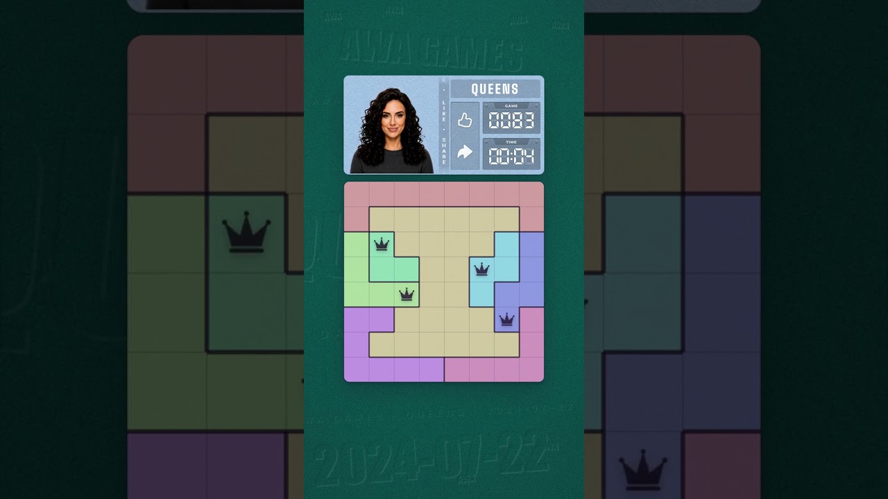 LinkedIn Queens #83 solved board for July 22, 2024, 8x8 grid