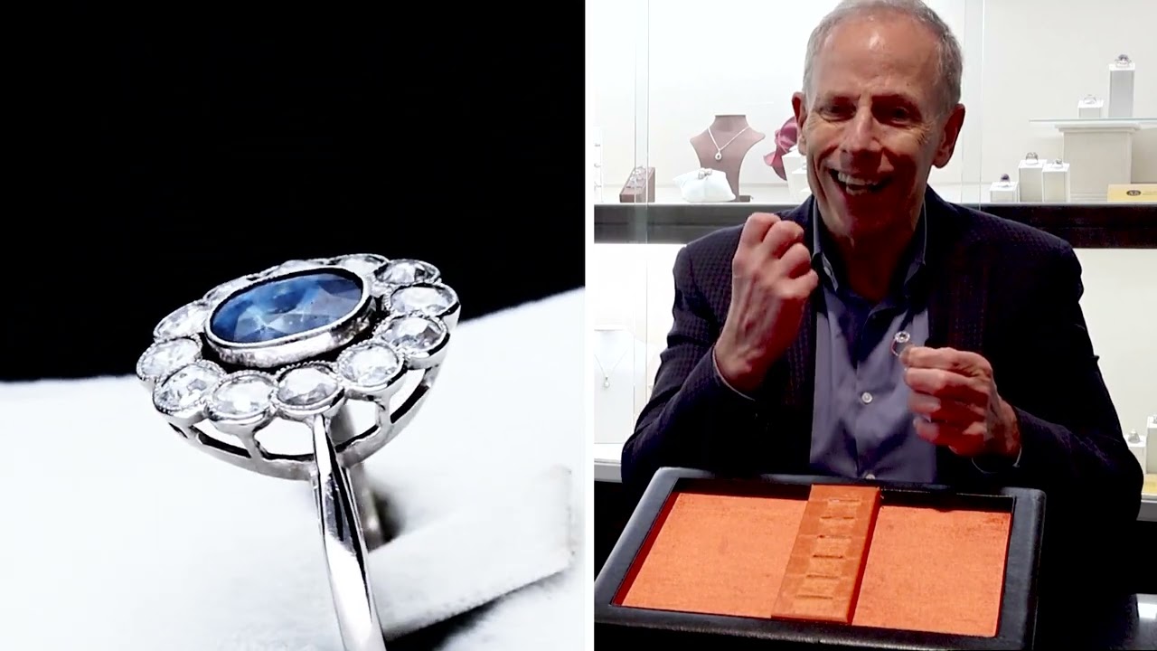 1.50ct Basaltic Sapphire and 1.15ct Diamond, Platinum Cluster Ring - Antique Circa 1925 - C9854