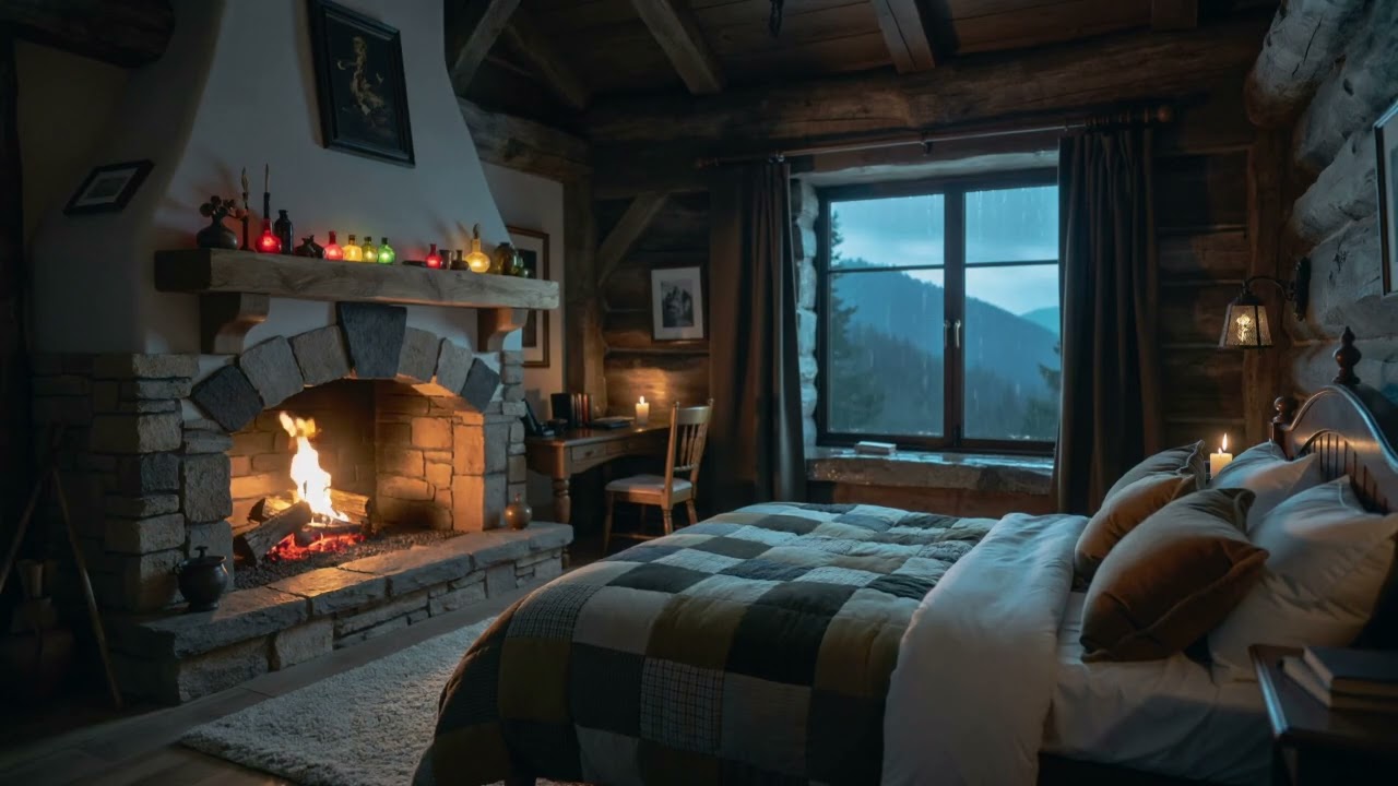 ASMR Gentle Rain with Open Fire in Cosy Castle Nook 🌧️🔥🏰