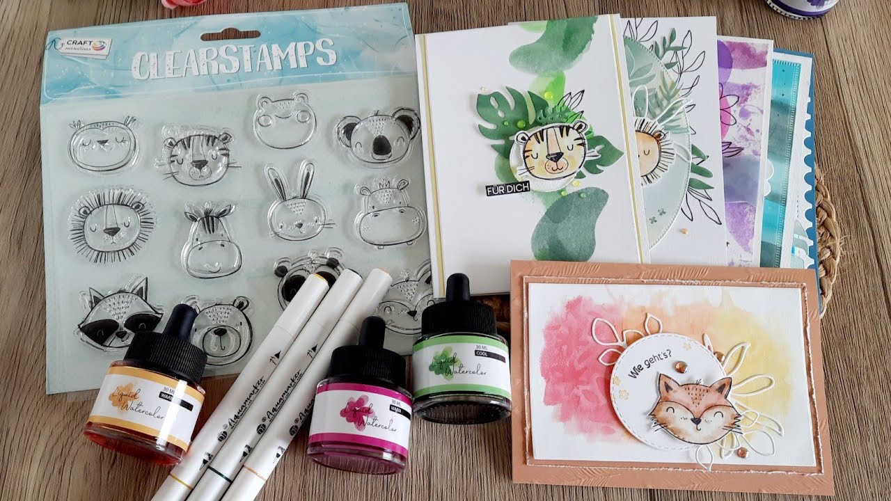 6 Karten ein Stempelset von #Action, Hintergründe mit flüssigen Aquarellfarben von #decotimecrafts