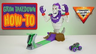 Monster Jam Grim Takedown Playset How To - with Grave Digger 1/64 scale Monster Truck Toy