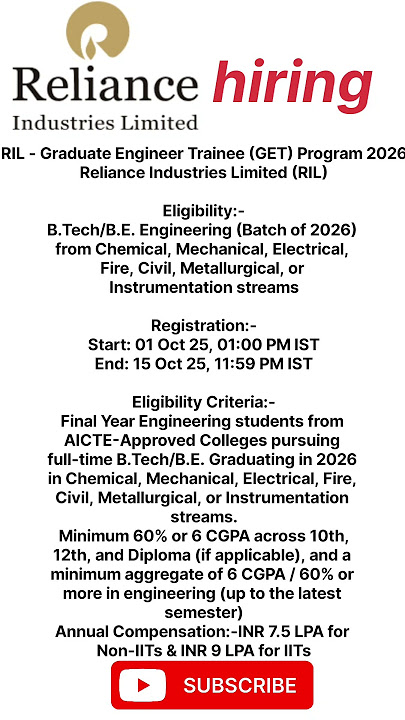 RIL - Graduate Engineer Trainee (GET) Program 2026। vacancy out by reliance industries limited
