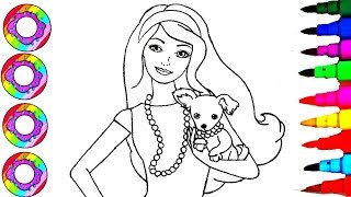 Colouring Drawing Disney's Barbie with Rainbow Color Necklace Coloring Pages l Disney Brilliant