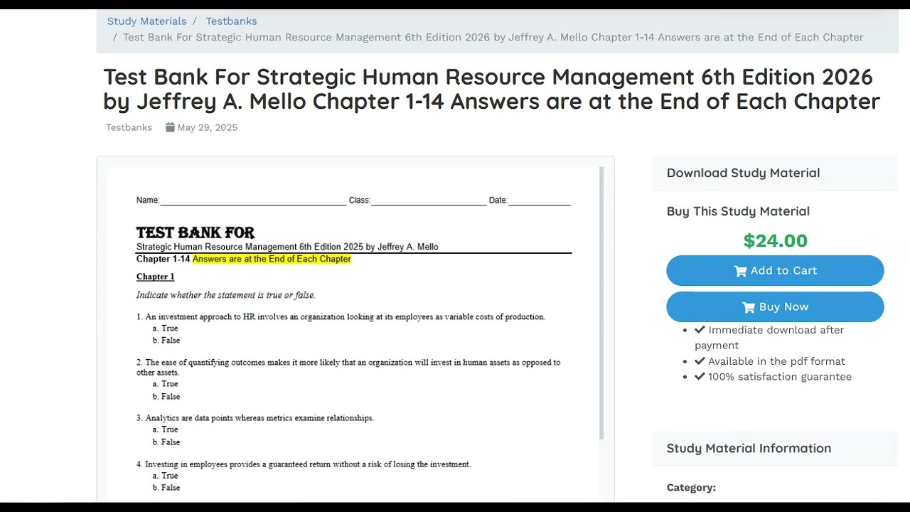 Test Bank For Strategic Human Resource Management 6th Edition 2026 by Jeffrey