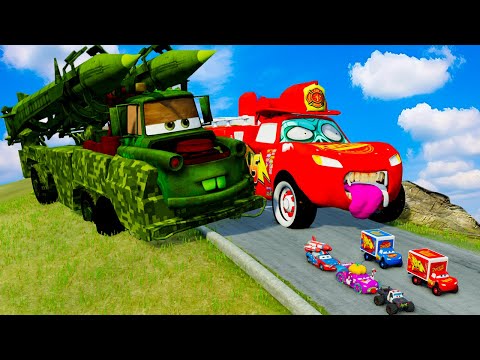 Big & Small Lightning McQueen Monster Wheels vs Pixar Cars with Big Wheels in BeamNG Drive!