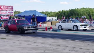 BMW E30 325 IX S54 3.2 Turbo vs '83 Pontiac T1000 5.3 V8 2xHX40 1/4 mile drag race