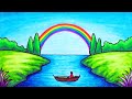 How to draw easy scenery  drawing rainbow on the river scenery step by step with oil pastels