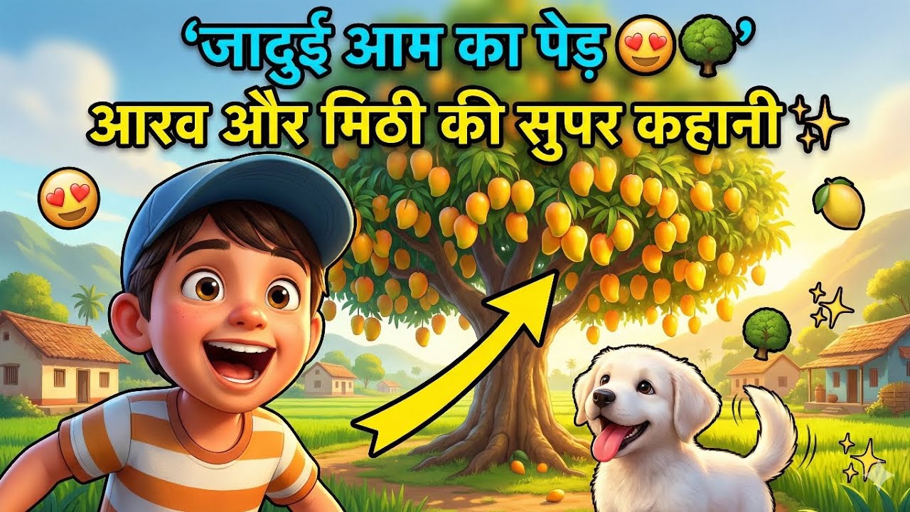 आरव और मिठी का जादुई आम का पेड़ 🌳✨ | Hindi Animated Story | Cute Puppy and Boy Story 🐶👦 |Moral Story