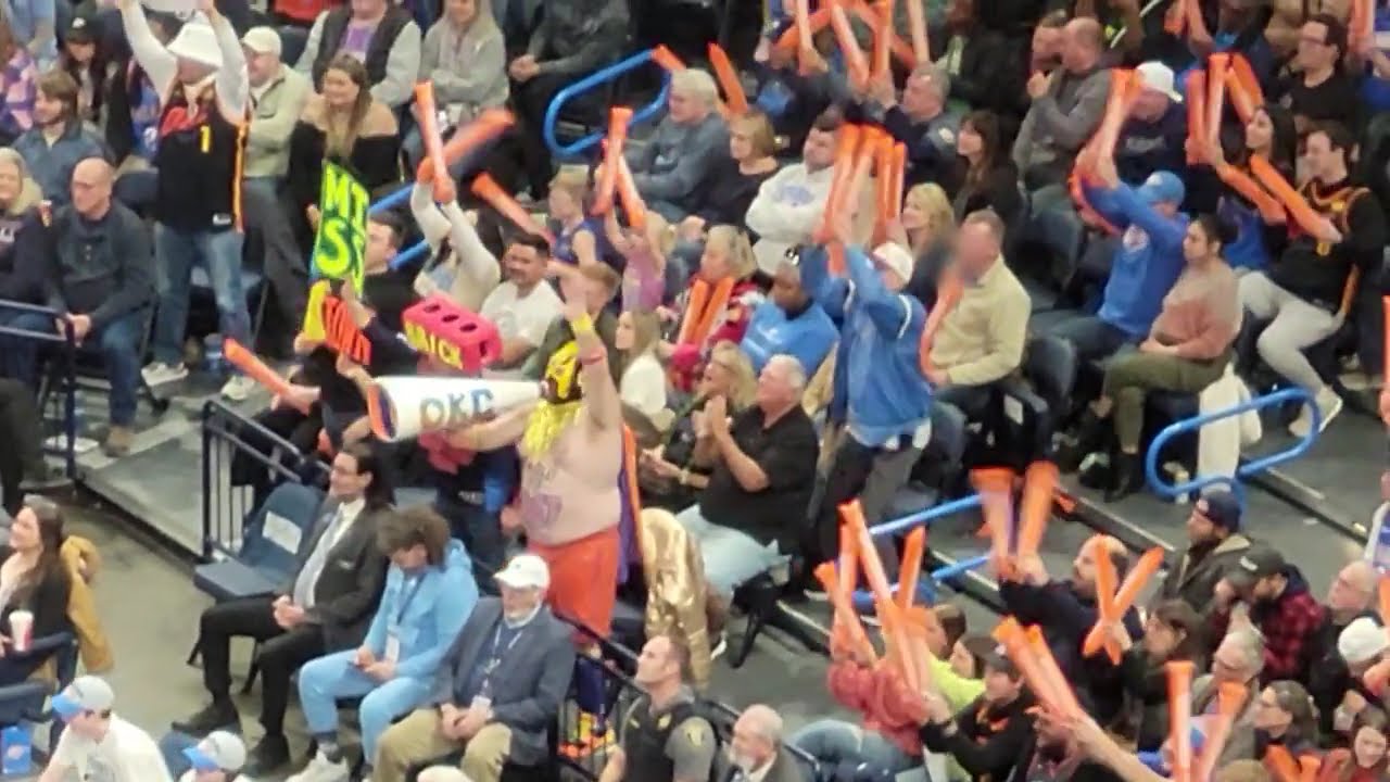 Could you hit a free throw while looking at this Oklahoma City Thunder Superfan?