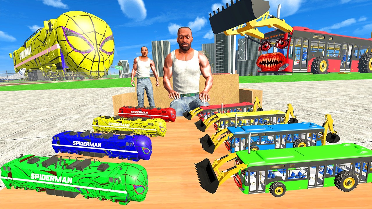 Spider-Man: Train Vs Horror JCB Bus & Franklin In Indian Bike Driving 3d