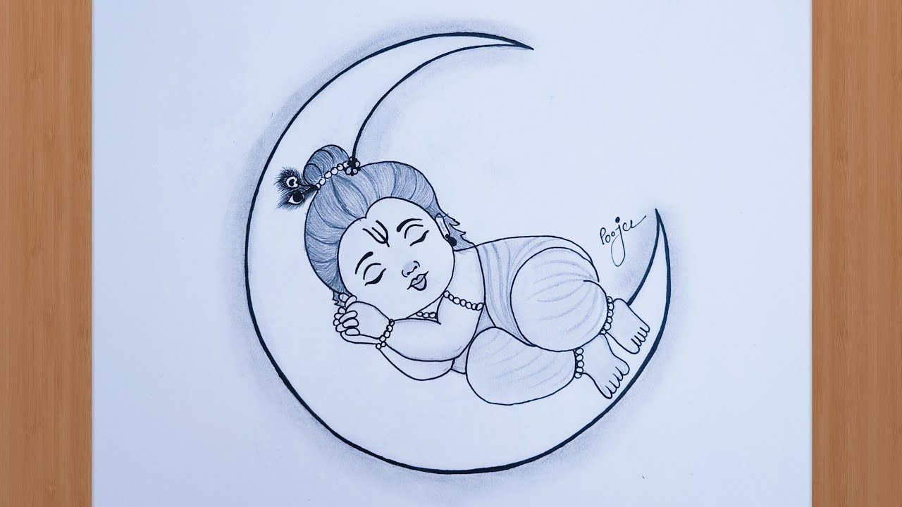 Little Krishna Drawing| How To Draw Krishna Sleeping On The Moon | Krishna Drawing Easy | Chitra |