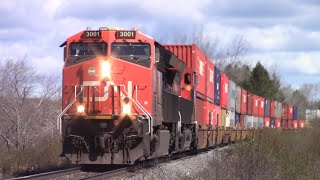 Very Long Stack Train CN 120 w/DPU Approaching Brookfield, NS at Track Speed