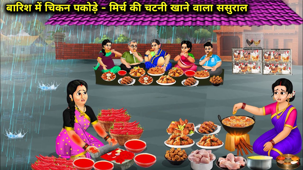 बारिश में चिकन पकोड़े - मिर्च की चटनी खाने वाला ससुराल || Chicken Pakoras In Rain || Cartoon Video