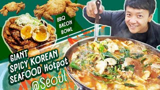 GIANT Spicy KOREAN SEAFOOD Hotpot & BBQ BACON BOWL Breakfast in Seoul