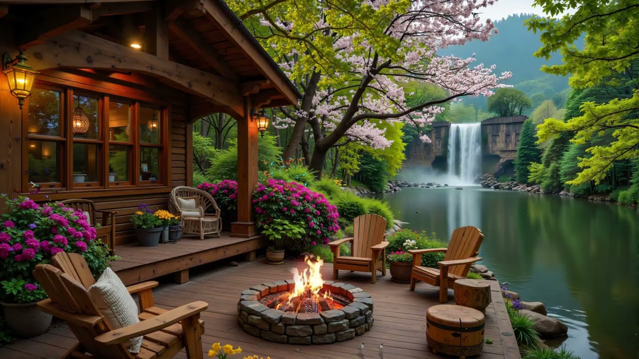 Relaxing Lakeside Cabin Porch Campfire  🌿🌸Spring with Soft Piano Sound for Relaxation