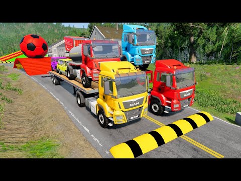 Double Flatbed Trailer Truck vs Speedbumps Train vs Cars | Tractor vs Train Beamng.Drive 02
