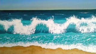 Pintura de oceano e ondas com acrílico em tela