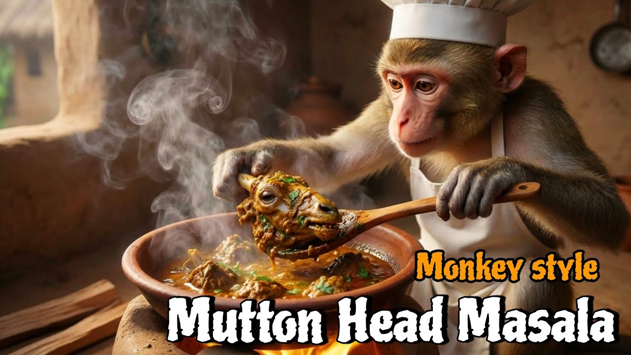 monkey cooking delicious Goat head curry| Indian village life | ASMR video