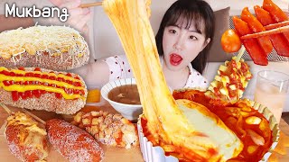 Spicy cheese Tteokbokki & double cheese hot dog mukbang