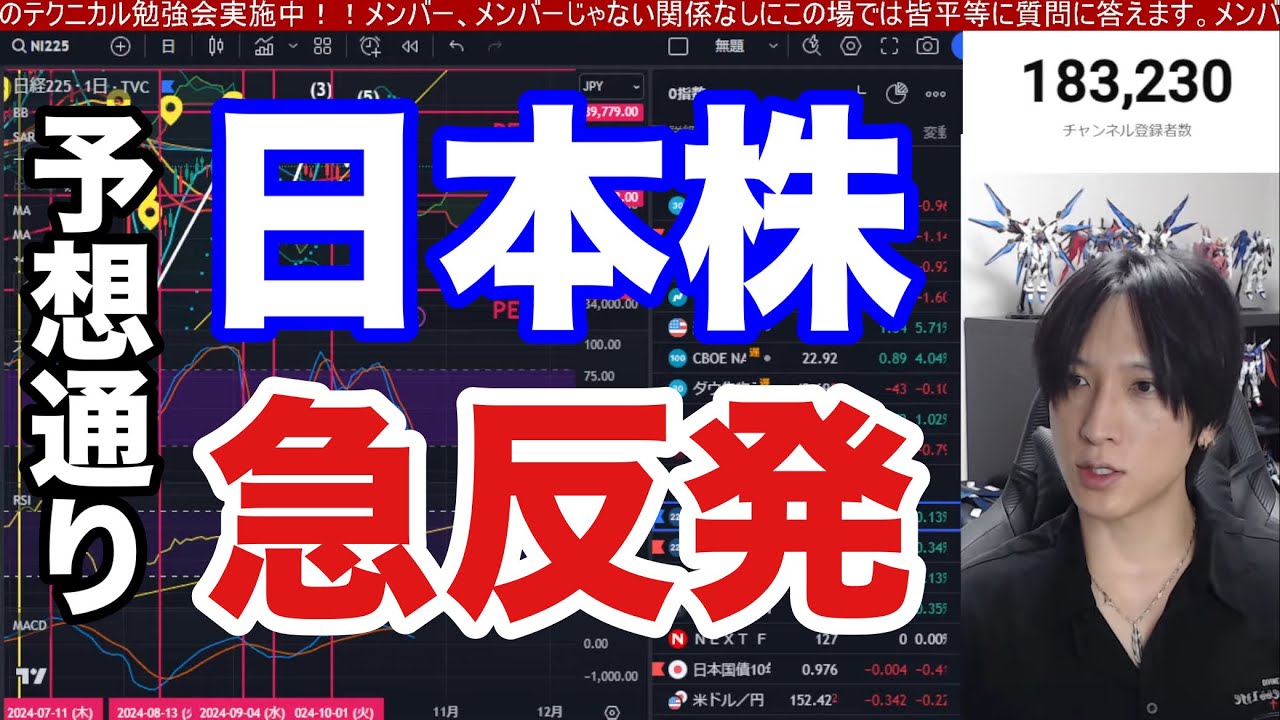 10/24、日本株下落相場いつまで続く❓日経平均は狙い通り急反発。ラムリサーチ決算で半導体株上昇。ドル円152円推移。米国株、ナスダックは調整か⁉︎仮想通貨BTC、金先物強い。