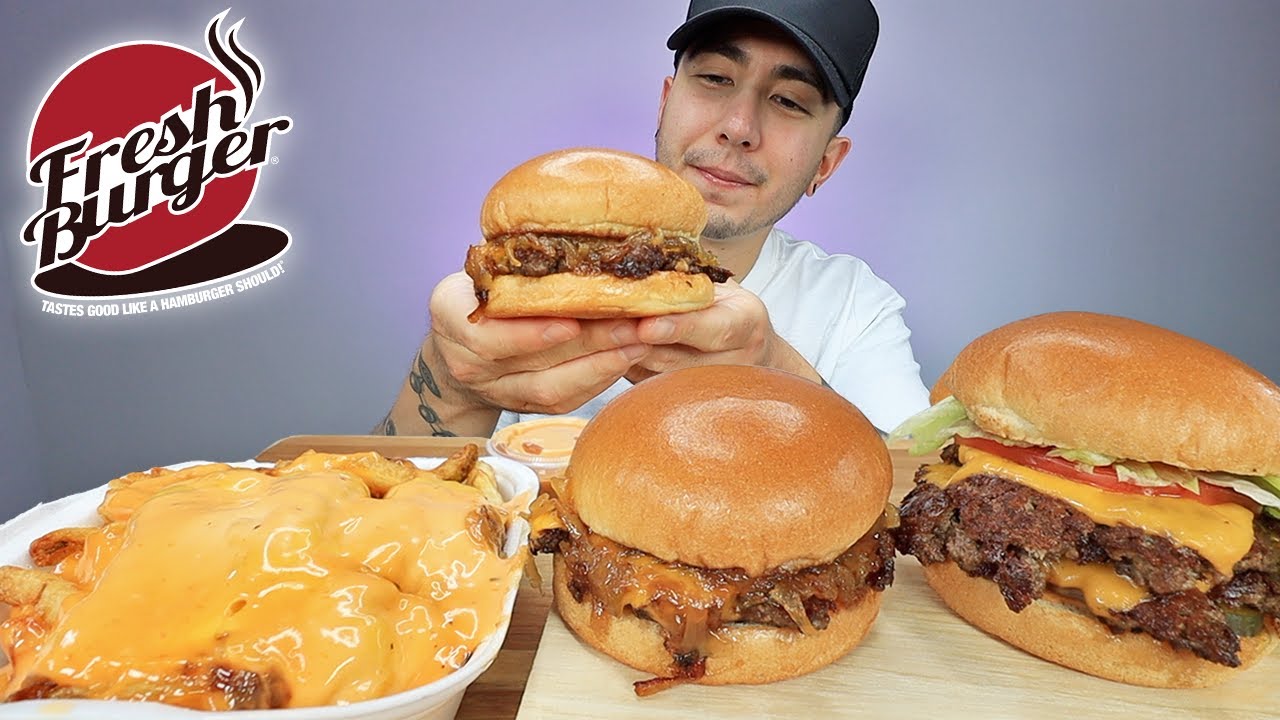 EATING Fresh Burger Double Burger + Caramelized Onions Burger + Cali Fries | MUKBANG