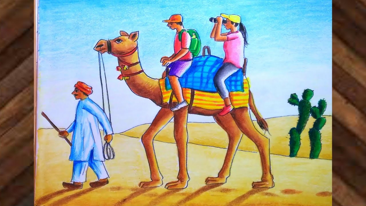 Desert scenery drawing with camel step by step/Camel drawing ...