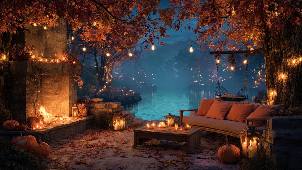 Autumn Sanctuary by the Silent Lake | Dark Ambient Fireplace Night