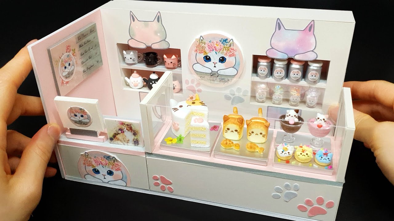 DIY Miniature Realistic shop - Cat dessert cafe decor !