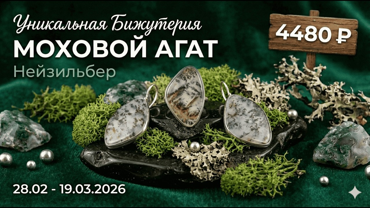 Моховой агат, гелиотис, серафинит в нейзильбере. Комплекты до 19 марта 2026 года.