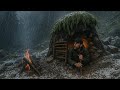 Built a Secret Survival Shelter in a Tree Stump in Heavy Hail
