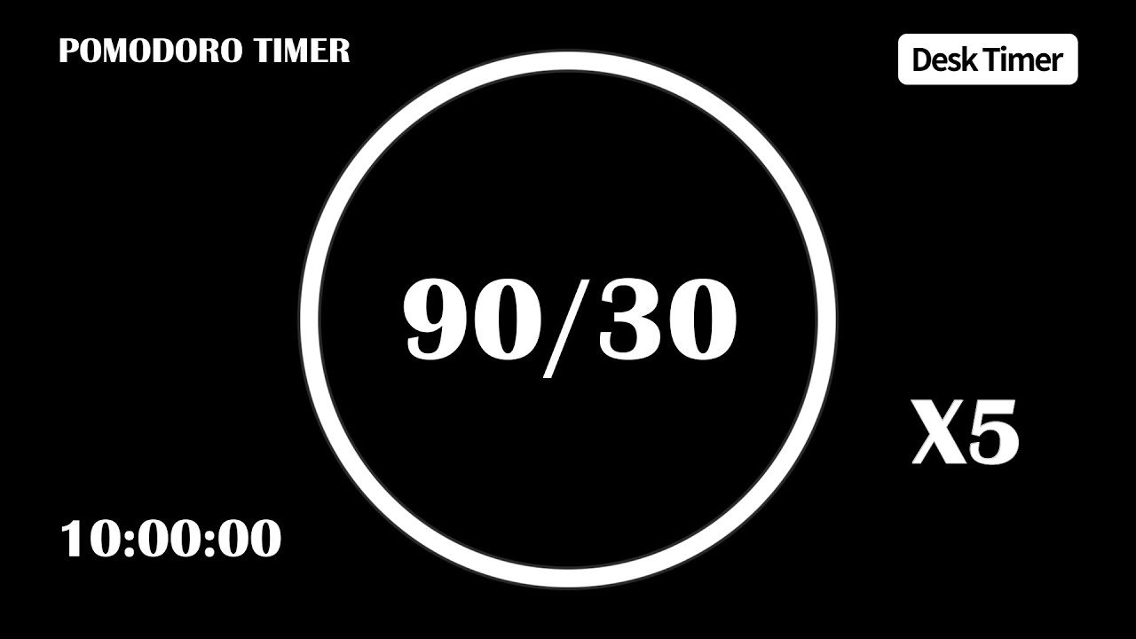 90 Hour Timer 90/30 Pomodoro Timer (No Music) | 5 X 90min | 10 hour Pomodoro Timer ...