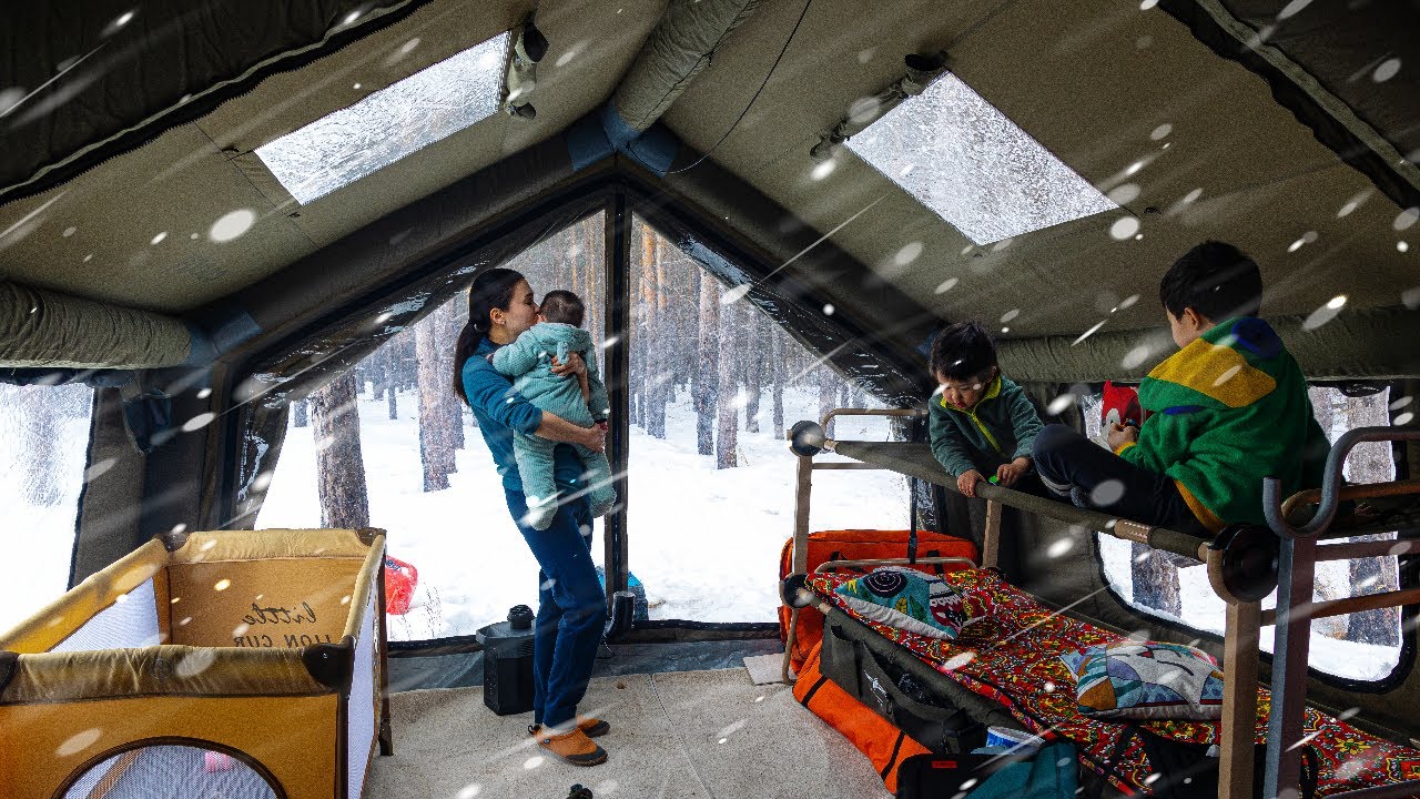 Camping in Heavy Snow with kids. Inflatable Hot Tent. Wood Stove ASMR
