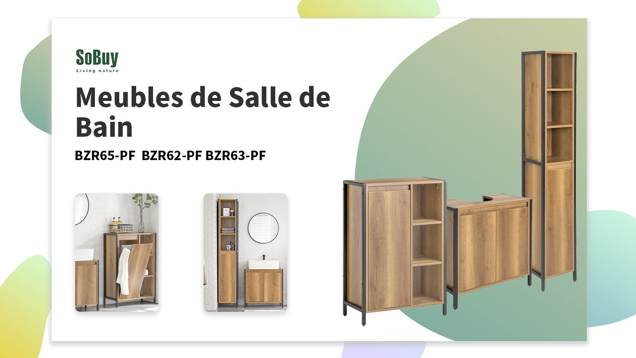 SoBuy BZR65-PF Meuble Bas de Salle de Bain avec Bac à Linge avec 3  Compartiments et 1 Panier à Linge, Style Industriel