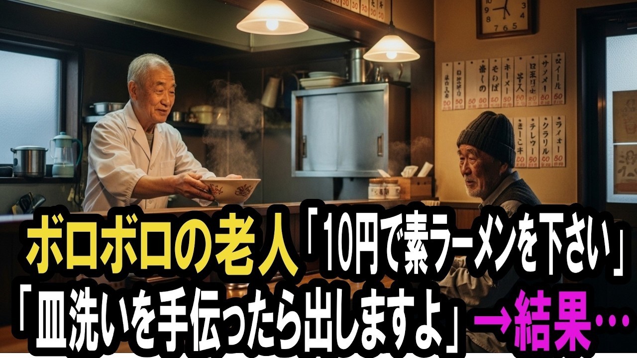 赤字続きのラーメン屋にボロボロの老人が来店「10円で素ラーメンを…」→普通のラーメンをご馳走した代わりに皿洗いを手伝ってもらった結果…【感動する話】