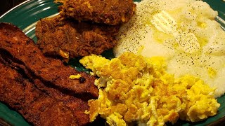 #COOKING #BREAKFAST (jack mackerel, scrambled eggs, grits, and turkey bacon)