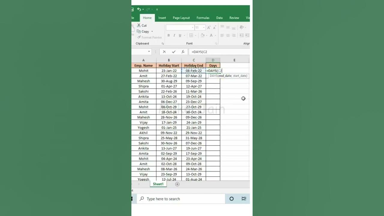 Formula To Calculate Days Difference In Excel