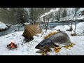 Hot tent camping  in deep winter  catch and cook