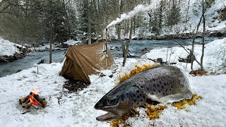 Hot Tent Camping  in deep Winter \u0026 Catch and Cook