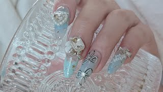 ✨Let's made a cute sky blue ribbon nail 💙🎀| gel extensions💅🏻 | self-nail |  #asmr #nailextension