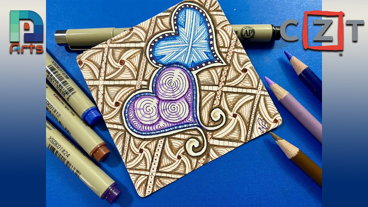 Zentangle® Tile - String Style #1 -  Focus Tangles Hurry, Printemp, Knightsbridge - 'Double Hearts'