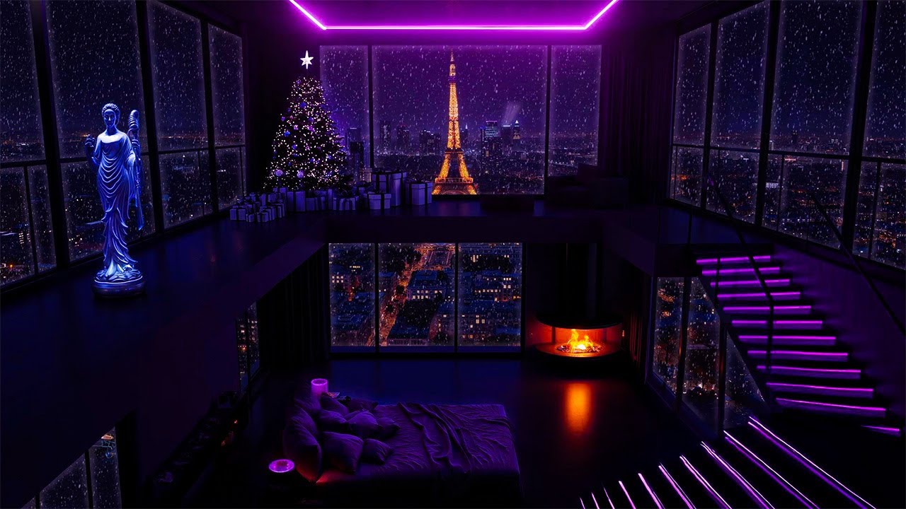 🎄 Snowy Christmas Evening in a Paris City Loft | Calm Piano & Fireplace Ambience for Deep Sleep