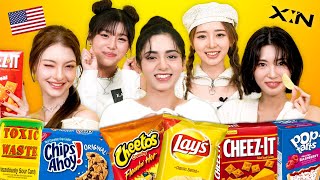 Kpop Idols Try American Snacks For The First Time(#XIN of Aria, Nova, Esha, Nizz, Hannah) | KATCHUP