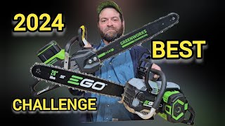 CSX5000 Ego vs 82CS34 Greenworks Commercial series 20 & 24 inch battery chainsaw challenge 2024 best