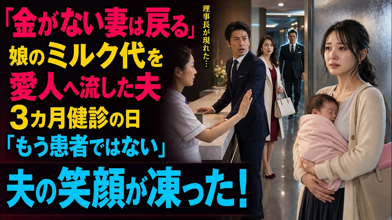 あの日、三ヶ月検診の受付で看護師が静かに言った。「奥様と赤ちゃんは、もうこちらの患者ではありません」。隣には、娘のミルク代で買った白いバッグを下げた愛人が立っていた。夫は笑顔のまま固まる私に気づきもしなかった。三ヶ月前、私は出産したばかりで、傷の痛みを抱えながら夜中に娘のミルクを計っていた。家族の口座から支払おうとした瞬間、残高は二百八十七円。児童手当も、貯めた百二十万円も消えていた。すべて...