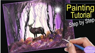 deer painting step forest tutorial misty acrylic paint landscape tree paintings beginners tutorials canvas easy visit